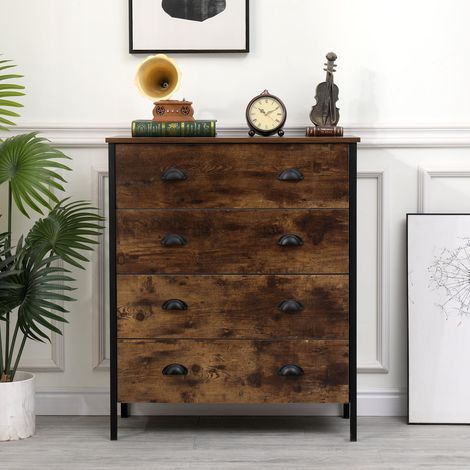 FURNITURE HMD Retro Industrial Style Bedroom Chest of 4 Drawers,Storage Unit for Bedroom,Burning Wood Colour,Retro Industrial Style,79x35x90cm(WxDxH) (1/5)