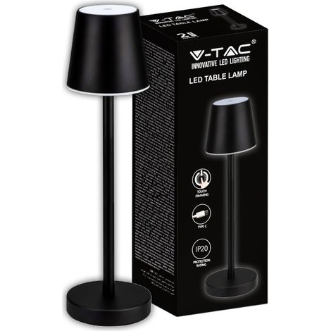 V-TAC LED-Tischlampe, 3 W, wiederaufladbar, batteriebetrieben, schwarze Farbe, USB C Touch, dimmbar, 3000 K, Restaurant-Tischleuchte für den Innenbereich, IP20 – 10193