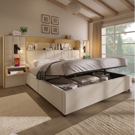 DESVIAE Lit capitonné avec rangement 160 x 200 cm beige avec LED liseuses ports USB Type C tables de chevet intégrées sommier à lattes en tissu lin (1/5)
