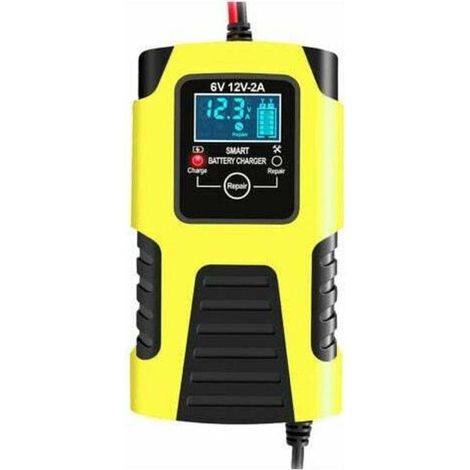 Cargador de batería inteligente automático de 12V/2A y 24V/2A, cargador de mantenimiento portátil, desulfatador de baterías para coche y motocicleta, amarillo. (1/4)