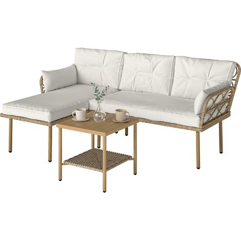 Ensemble de jardin 3 pièces avec méridienne, canapé, coussins et table basse, en rotin et acier, blanc crème et bois. (1/5)