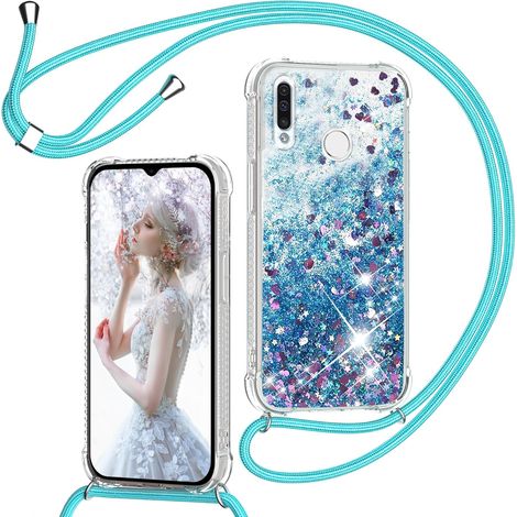 Coque pour Huawei P30 Lite avec Cordon, Paillette Liquide Étui pour Téléphone avec Lanière, Transparent Silicone Collier Réglable Protection Housse Portable Lanyard Case, Bleu (1/5)