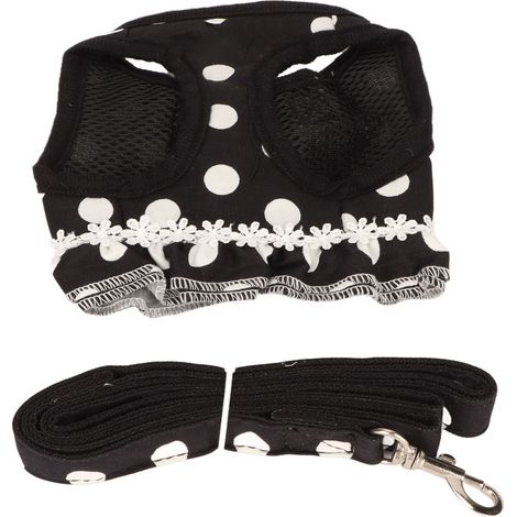 Harnais pour chien, laisse, gilet pour animal de compagnie à pois mignon et élégant, ensemble corde de traction pour la promenade et l'entraînement en extérieur, noir, taille L (1/5)