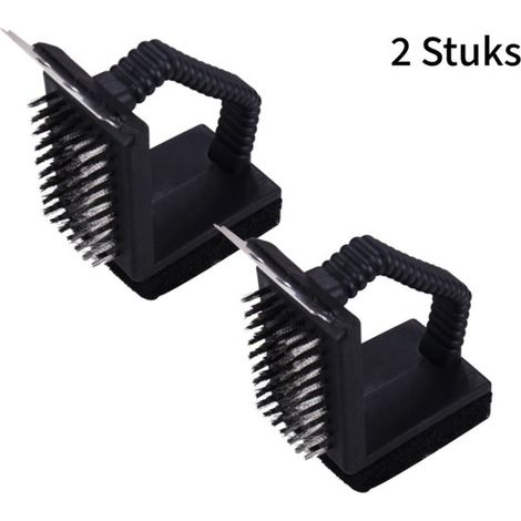 Lot de 2 brosses de nettoyage barbecue 3 en 1 – Brosse inox pour grille BBQ avec grattoir et poignée antidérapante – Argent (1/5)