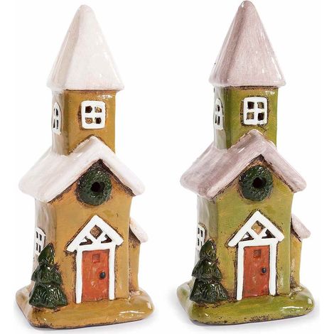 Chiesette natalizie portacandela in terracotta lucida set 2 colori 10,5x8,5x23,5 cm (1/3)