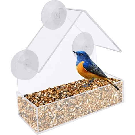 Mangeoire pour Oiseaux de Fenêtre Acrylique Transparent Bird Feeder Étanche La Pluie Mangeoire Oiseaux Bac d'alimentation Coulissant Amovible avec 3 ventouses Mangeoires pour Bird