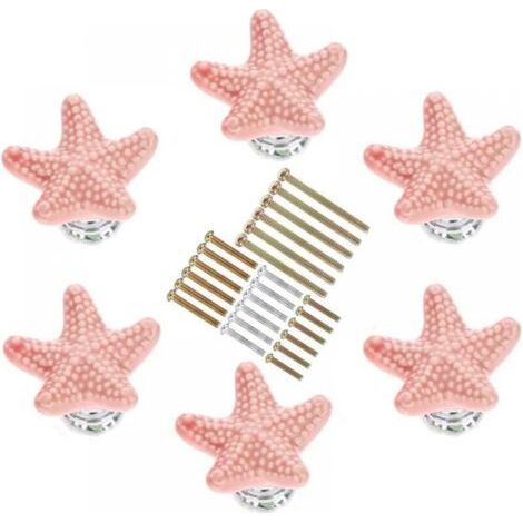 (6 Pcs) Starfish Cabinet Knobs in Various Sizes, Ceramic Kitchen Cabinet Handles, for Kitchen Cabinets, Kids Rooms (Pink) (1/4)