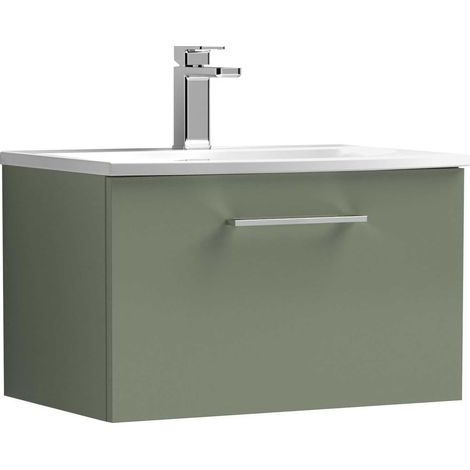Nuie Arno Satin Green 600mm Wall Hung Single Drawer Vanity Unit and Curved Ceramic Basin - ARN822G (1/5)