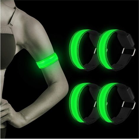 Bracelet LED - 28 à 40 cm - 3 Modes Éclairage (Fixe/Flash Rapide/Flash Lent) - Piles CR2016 Remplaçables - Réglable Poignet/Cheville/Sac/Vélo - Lot de 4 (1/5)