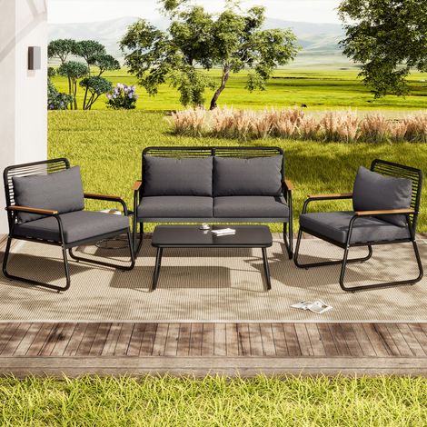 Ensemble table et chaise de jardin salon 4p fer galvanisé verre trempé pieds réglables avec coussins noir (1/5)
