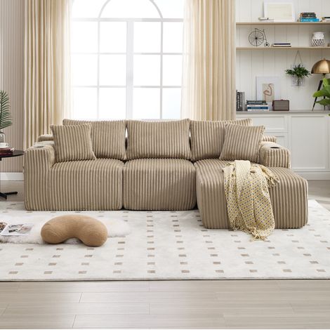 Canapé modulaire 257x160x62 cm kaki en velours côtelé avec méridienne, 5 coussins, poches latérales et porte-gobelets (1/5)