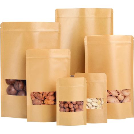 Lebensmittelechte Kraftpapiertüten, wiederverschließbare Kraftpapiertüten, wiederverwendbare Lebensmittelverpackungen, feuchtigkeitsbeständig, 100er-Packung, 16 x 23 cm (1/5)