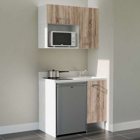 Kitchenette K00L - 100 cm - plan monobloc évier intégré Snova- évier à droite - Façades Bois + Electroménager inclus coloris Inox (1/5)