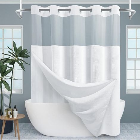 Rideau de Douche en Tissu gaufré Blanc pré-crocheté avec fenêtre Transparente et Doublure à Clipser (180,3 x 190 cm (l x L) (1/5)