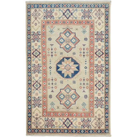 Tapis salon 78 x 125 cm, géométrique, crème, bleu et rouge, en laine nouée main, authentique artisanal (1/5)