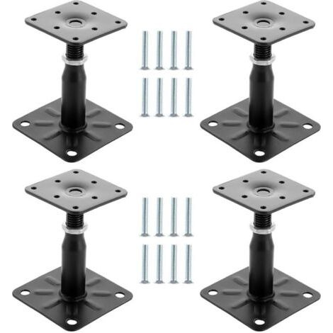 4 x Post Brackets, Height Adjustable, 100 - 150 mm, Galvanised Steel, Black, 75 x 95 mm, Adjustable for Concrete Seal, for Fences, Sheds, Carports, Pergolas