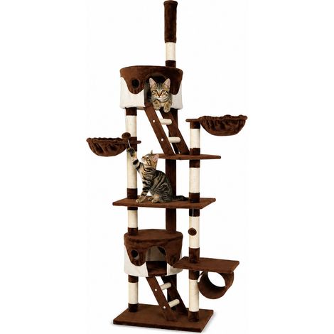 lionto Kratzbaum mit Deckenspanner, 230-250 cm großer Aktivitätsturm mit 2 Höhlen, 2 Liegemulden, Treppen & Spielbällen, braun
