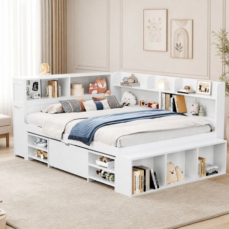 Lit enfant 140x200 cm en bois blanc avec rangements, gain de place, sans matelas – MEUBLIV (1/5)