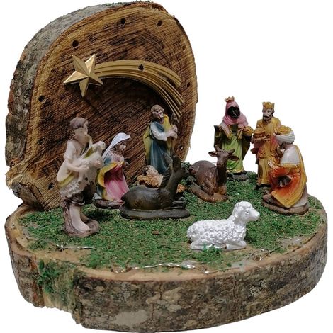 Grotta su tronco con pastori luci e natività completa di natale sacra famiglia presepe casa addobbi Capanna decorazioni albero (1/5)