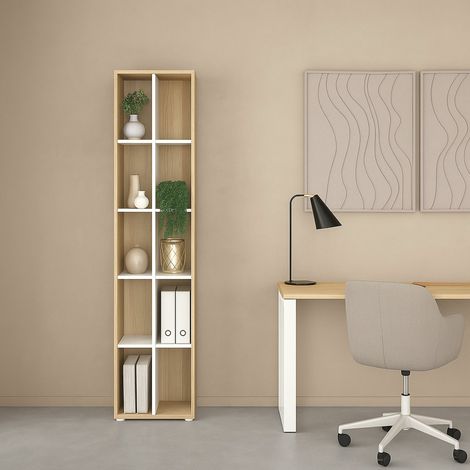 Dmora - Estante para libros Erevan, Estante de oficina, Porta libros móvil, Biblioteca, 41x34 h205 cm, Roble y Blanco (1/5)