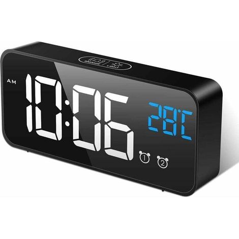 Réveil Numérique, Horloge Digitale Réveil Matin Miroir LED Grand Ecran Aver Température/Snooze/ 2 Alarme, Luminosité et Son Réglable, Activation Sonore, USB Charge Clock pour Maison Bureau,Noir