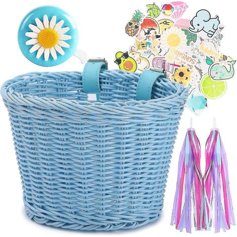 Panier de vélo enfant pour l'avant du vélo, accessoire de vélo en osier tressé avec rubans bleus pour guidon (1/4)