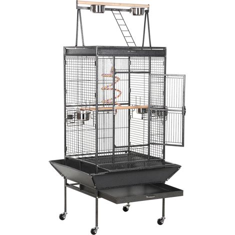 Yaheetech – Cage à oiseaux en métal 81x76x174 cm – 4 roulettes mobiles – Zone de jeu avec perchoir et mangeoires – Pour perroquets et perruches