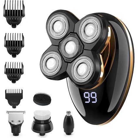 5-in-1-Rasierer für Herren, per USB wiederaufladbarer 5D-Rotationsrasierer, schwimmender kabelloser Rasierer, multifunktionales Pflegeset, wasserdichter Bartschneider für Nass- und Trockenrasur mit LE