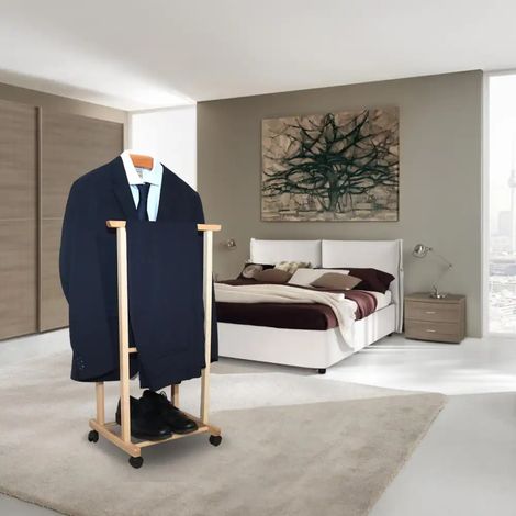 Stand Indossatore Doppio in Legno porta abiti giacca vestito con ruote da camera da letto servo muto (1/5)