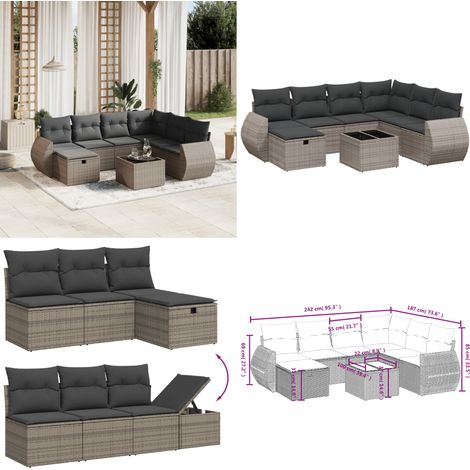 8-tlg. Garten-Sofagarnitur mit Kissen Grau Poly Rattan - Gartenmöbel Set - PE-Rattan Gartenmöbel - Outdoor Lounge - Esstisch Set - Gartenlounge - Home & Living (1/4)