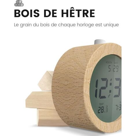 Sveglia Digitale in Legno, Display LCD, Funzione Snooze e Temperatura, Illuminazione, Orologio a Batteria 【3 AAA Richiesti】 (1/3)
