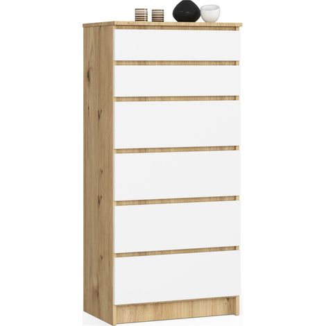 Akord – Commode 6 tiroirs chêne artisan 60 cm – Façade blanche – Dimensions 60x40x130 cm – Limiteur d'extension de tiroir (1/5)