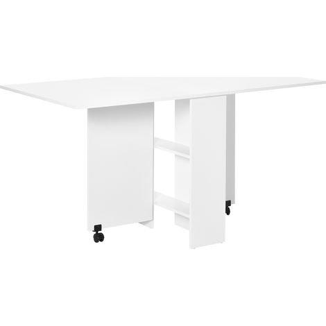 Table pliante blanche sur roulettes 75x140x74 cm, amovible avec 2 étagères intégrées en bois, idéale pour cuisine et salle à manger (1/5)