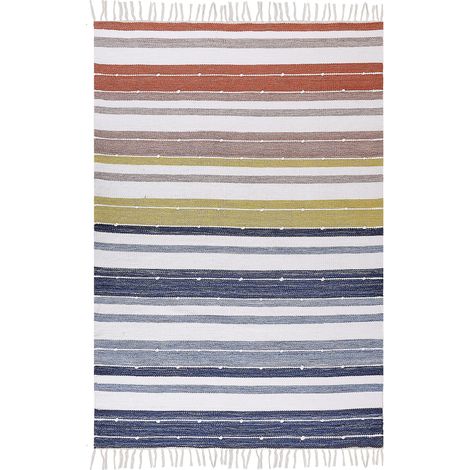 Alfombra azul blanco amarillo rojo 160 x 230 cm a mano a rayas borlas Tozakli