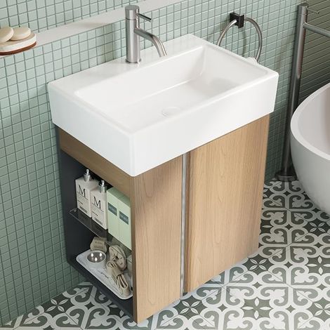 Bathroom Cabinet 50 cm with Ceramic Sink for Guest Toilet, Compact Furniture for Small Spaces, Golden Sand (1/5)