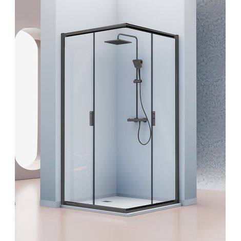 KASSANDRA SIENA Mampara Angular de Ducha 2 Fijos + 2 Puertas Correderas Negro Mate Transparente - Medida: 90x70 cm - ref: IE6070516S195090+ IE6070516S195070