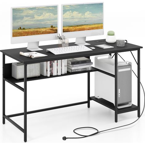 COSTWAY 140 x 60 CM Computer Desk w/ Charging Station & 4 Power Outlets-Black (1/5)