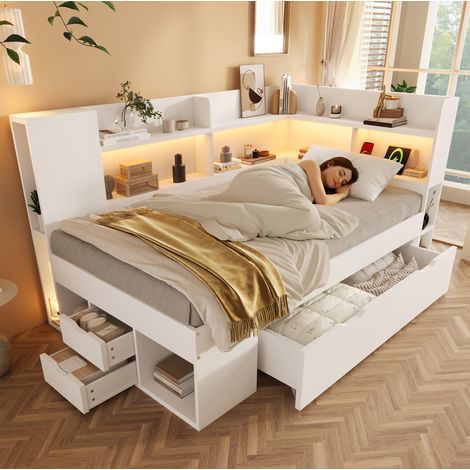 Bett 90x200 Stauraum LED USB Typ C Weiß HAVRYA (1/5)