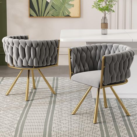 Ensemble de 2 chaises de salle à manger en velours, fauteuil pivotant de luxe à une lumière pour salon/chambre, fauteuil pivotant de détente avec quatre pieds de support en métal, gris et or