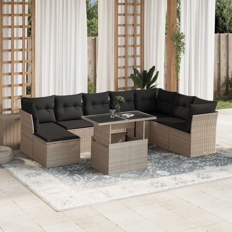 Set muebles jardín 9 pzas y cojines ratán sintético gris claro vidaXL (1/5)