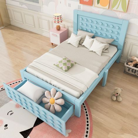 Lit simple, en bois, avec tiroirs, avec matelas, 90 x 200 cm, pour chambre enfant, vendu sans matelas, tiroirs et rangement sous lit