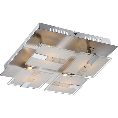 Plafoniera in vetro moderna da soggiorno, plafoniera cromata, parzialmente satinata, metallo, 4x LED 4.5W 382Lm bianco caldo, LxLxH 30x30x9 cm