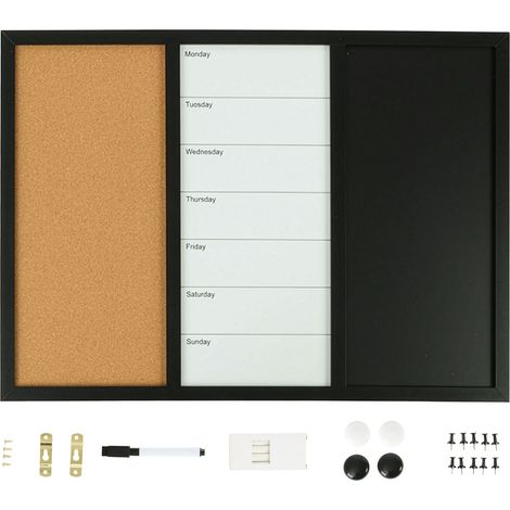 Relaxdays 3-in-1 combo board, HxW: 50x70 cm, whiteboard, pinboard, chalkboard, magnetic memo board, multicoloured