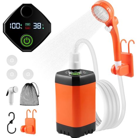Kit Douche de Camping Rechargeable, Pompe de Douche Portable avec Affichage de Température et de Puissance, Batterie 6000 mAh, Pression d'eau Réglable pour Camping, Lavage de Voiture