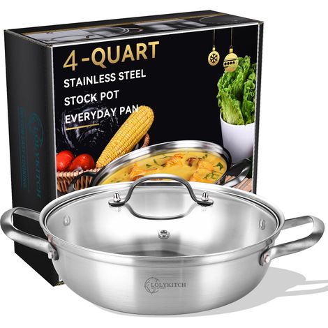 Poêle à frire en acier inoxydable triple épaisseur de 30,5 cm de 4 litres avec couvercle, poêle profonde, sauteuse, casserole à induction, marmite, passe au lave-vaisselle et au four. (1/5)