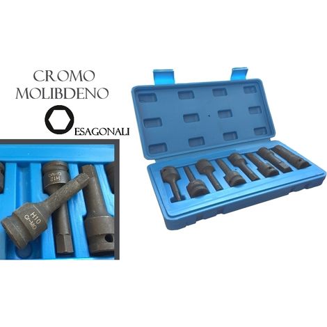 Bussole/Boccole ad impatto professionali  esagonali serie 8 pezzi da 1/2 cromo molibdeno in valigetta