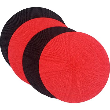Lot de 4 sets de table en plastique tissés ronds, 38 cm, élégants et pratiques, 2 noirs + 2 rouges'Noirs,rouges'Noirs,rouges'- (1/3)