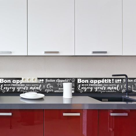 Crédence cuisine en aluminium - Pose autocollante ENJOY Noir et blanc Bon appétit en plusieurs langues - 100 x 20 cm (1/4)