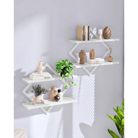 Étagère flottantes, Lot de 2, Étagères murales à 2 Niveaux, Rangements Suspendus avec Cadre métallique losangé, pour Salon, Chambre, Cuisine, Bureau, Blanc (1/5)