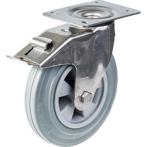 Roulette - Inox - 200 mm - Graues Gummi - Drehbar - Integrierte Bremse